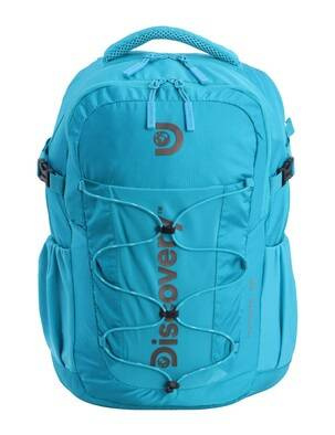 Niebieski plecak Discovery Outdoor 612 z przodu, z elastyczną linką ściągającą i napisem Discovery