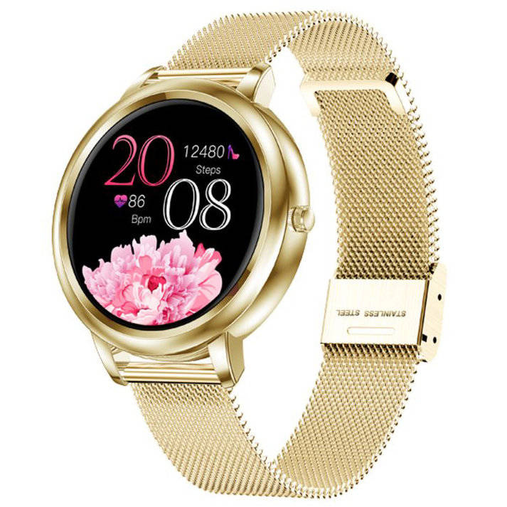 Złoty smartwatch damski Pacific 28-2 - smartwatch z przodu na złotej bransolecie siatkowej