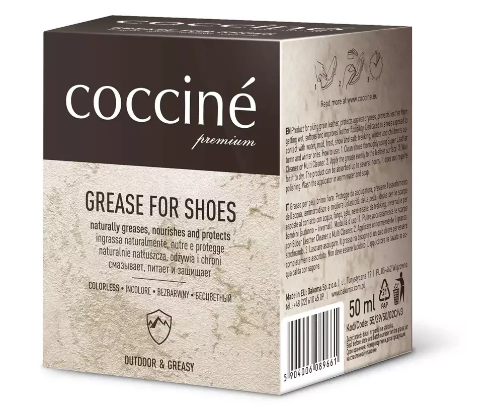 Tłuszcz do skór gładkich Coccine bezbarwny - kartonik z przodu, napis Grease for Shoes 50 ml