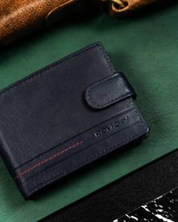 Skórzany portfel męski na zatrzask granatowy — Rovicky R-N992L-GAT