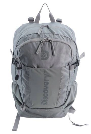 Szary plecak podróżny z poliestru Discovery Outdoor 611 z przodu, z pionowym napisem Discovery i kieszenią na zamek