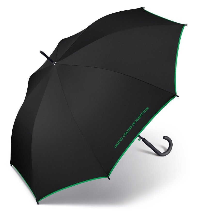 Czarny parasol Benetton 56001 rozłożony, z zieloną lamówką i napisem United Colors of Benetton