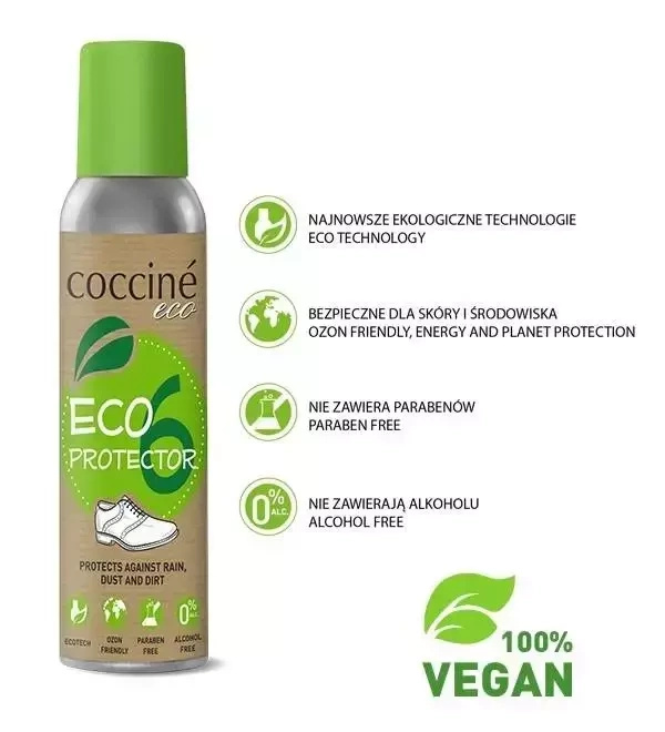 Impregnat do butów Coccine - butelka Eco Protector z ikonami ekologicznych cech i napisem 100% vegan