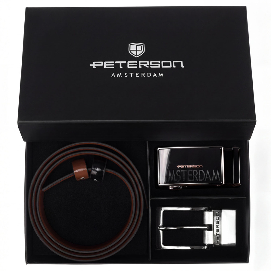 Czarno-jasnobrązowy pasek Peterson KL-B022 z dwiema klamrami