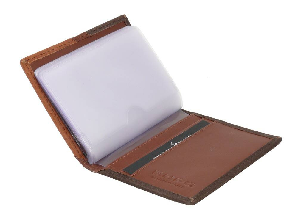 Brązowe etui na karty Beverly Hills Polo Club BH-374 otwarte, z przezroczystymi koszulkami na karty