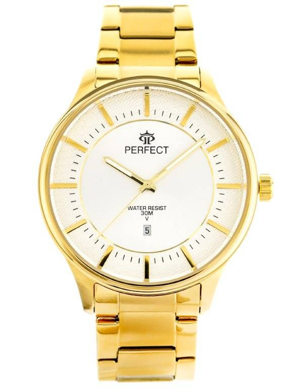 Złoty zegarek męski Perfect M114 - zegarek z przodu na białym tle, srebrna tarcza