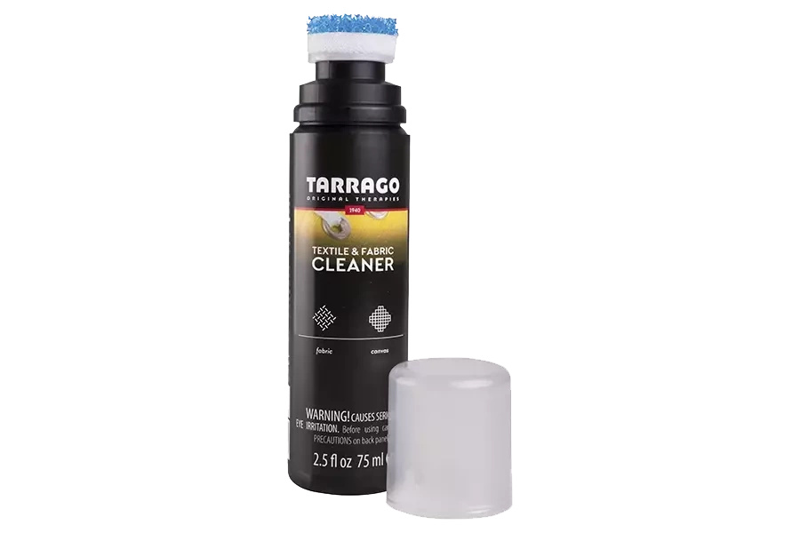Środek do czyszczenia tekstyliów Tarrago - otwarta butelka Textile & Fabric Cleaner z gąbką aplikatora i zdjętą nakrętką