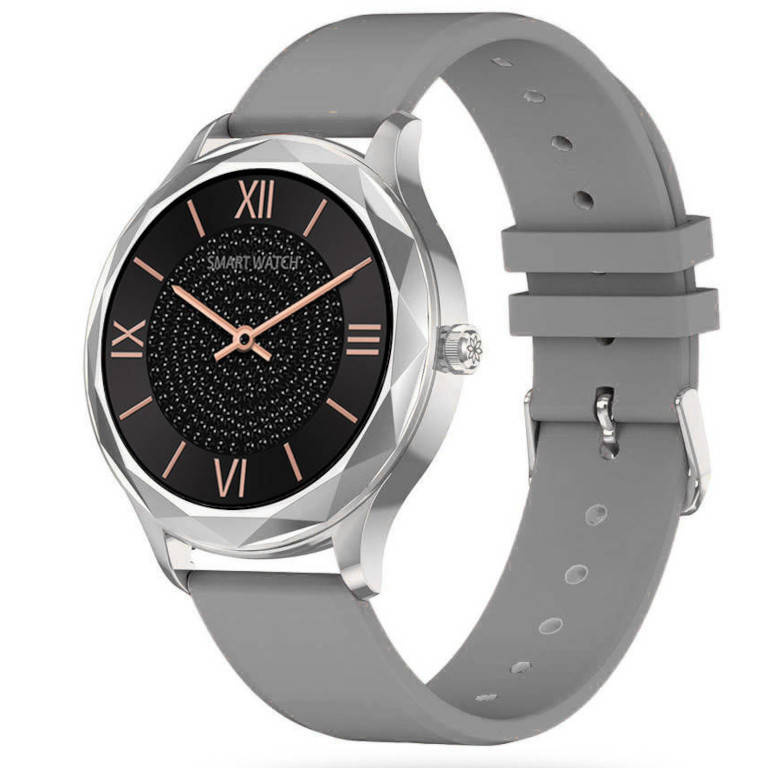 Srebrno-szary smartwatch damski Pacific 27-8 - smartwatch z przodu, srebrna koperta i szary pasek