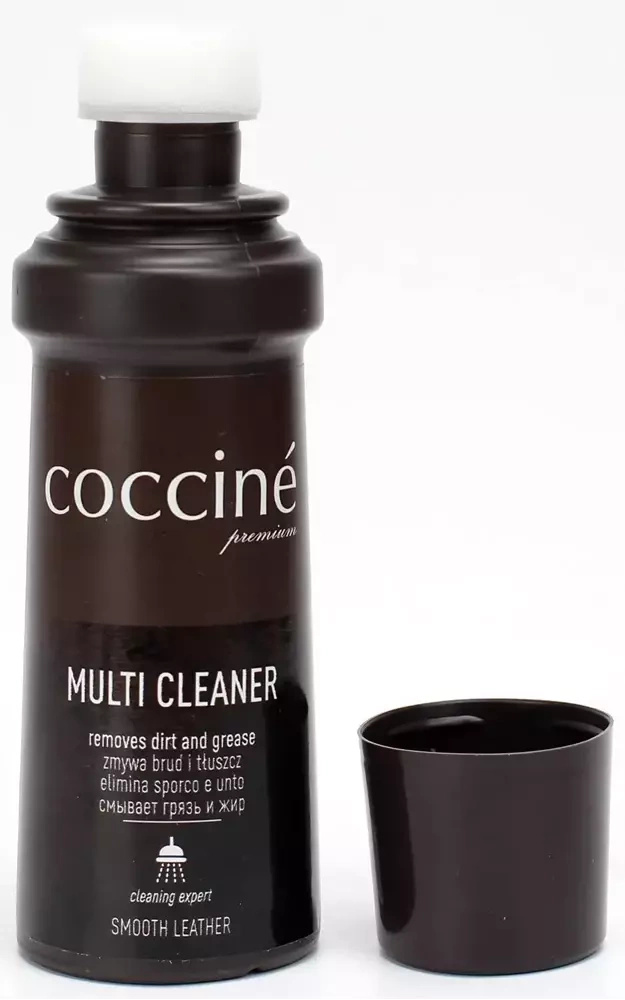 Płyn czyszczący do skór gładkich Coccine - butelka Multi Cleaner z białym aplikatorem i zdjętą nakrętką