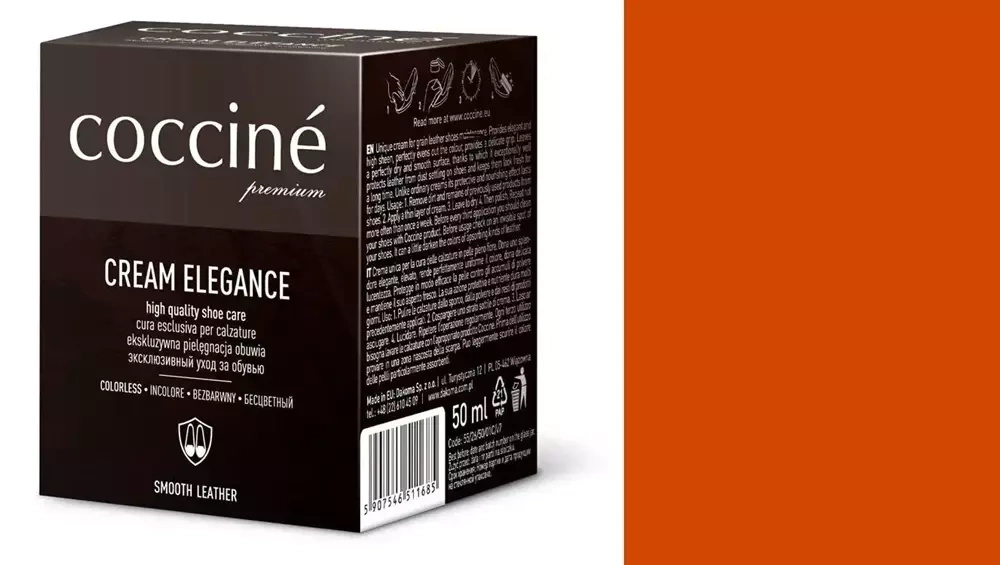 Krem do skóry gładkiej Coccine pomarańczowy - kartonik Coccine Cream Elegance 50 ml i próbnik koloru w odcieniu pomarańczowym