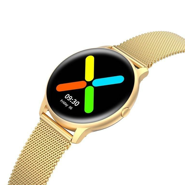 Złoty smartwatch unisex G. Rossi SW015-5 - smartwatch pod kątem z boku, bransoleta siatkowa