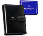 Elegancki skórzany portfel męski czarny pionowy z zapięciem - Rovicky RV-7680278-9-BCA