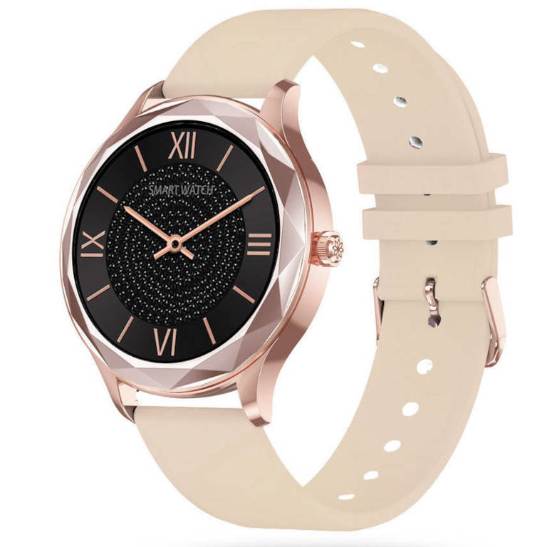 Beżowy z różowym złotem smartwatch damski Pacific 27-11 - smartwatch z przodu, koperta w kolorze różowego złota i beżowy pasek