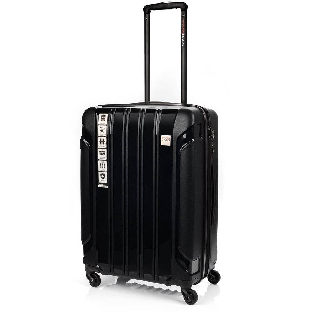 Czarna walizka SwissBags Tourist 65 z wysuniętym uchwytem teleskopowym, na czterech kółkach