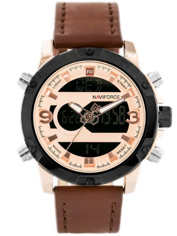 Brązowo-czarny z różowym złotem zegarek męski Naviforce NF9097 - zegarek z przodu na białym tle