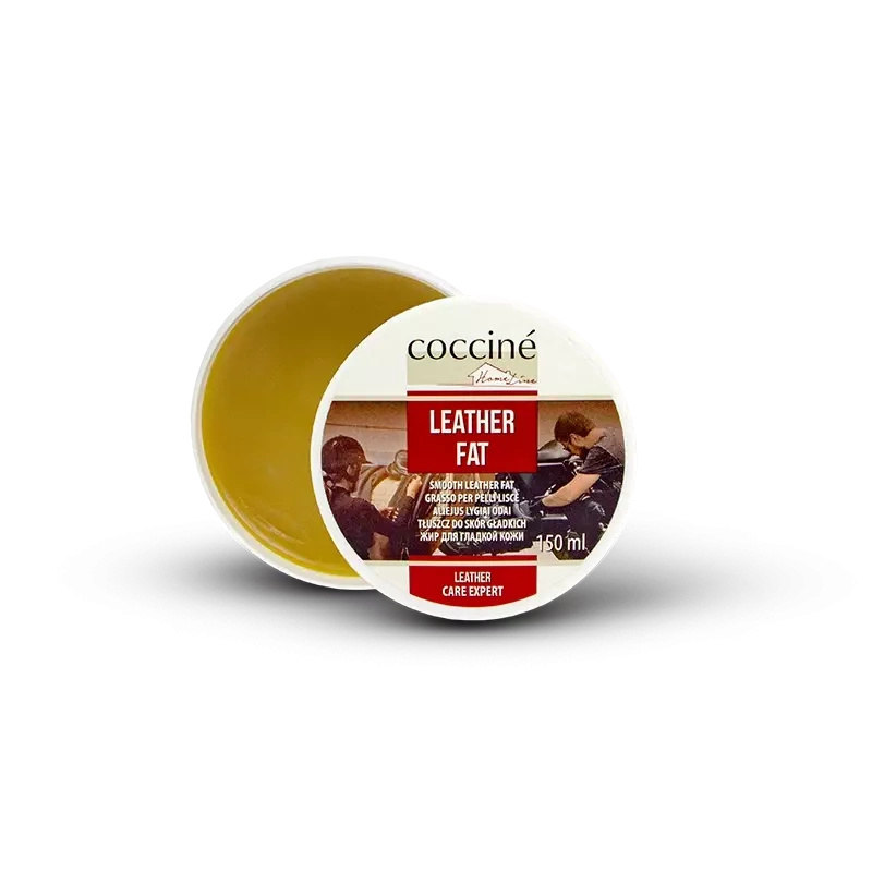 Tłuszcz do skór gładkich Coccine bezbarwny - otwarty słoik z żółtawym tłuszczem i wieczko z etykietą Leather Fat 150 ml