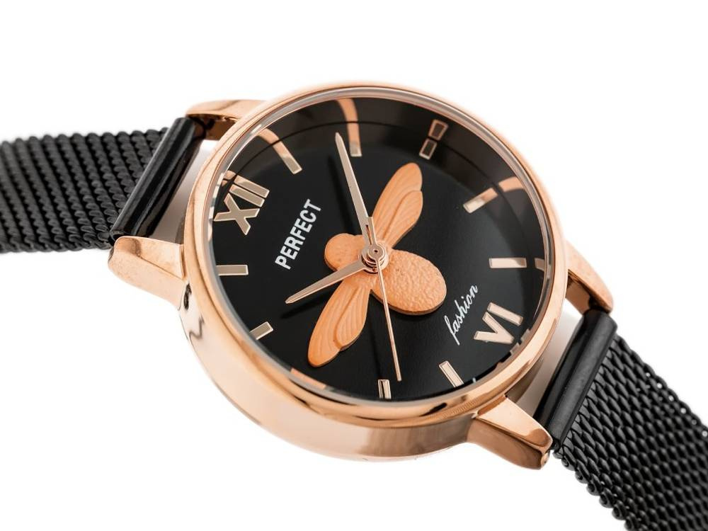 Czarny z różowym złotem zegarek damski Perfect S639 - zbliżenie tarczy pod kątem