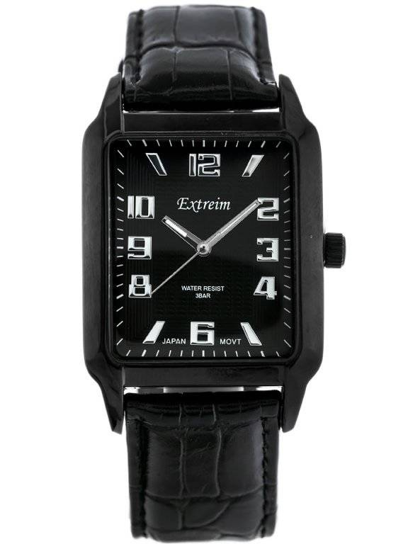 Czarny zegarek damski Extreim EXT-9417A-1A - zegarek z przodu na białym tle, pasek z tłoczeniem