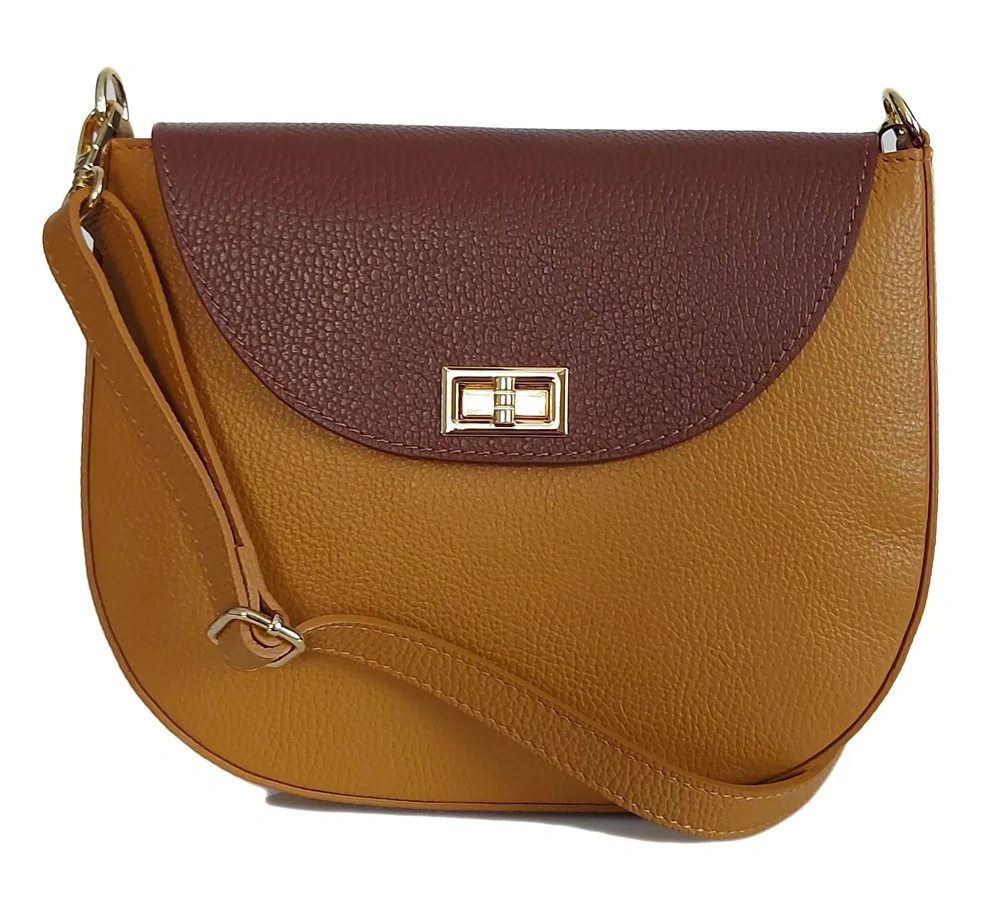 Listonoszka damska Vera Pelle VPP38CM camel z klapą w kontrastowym kolorze na złoty przekręcany zamek