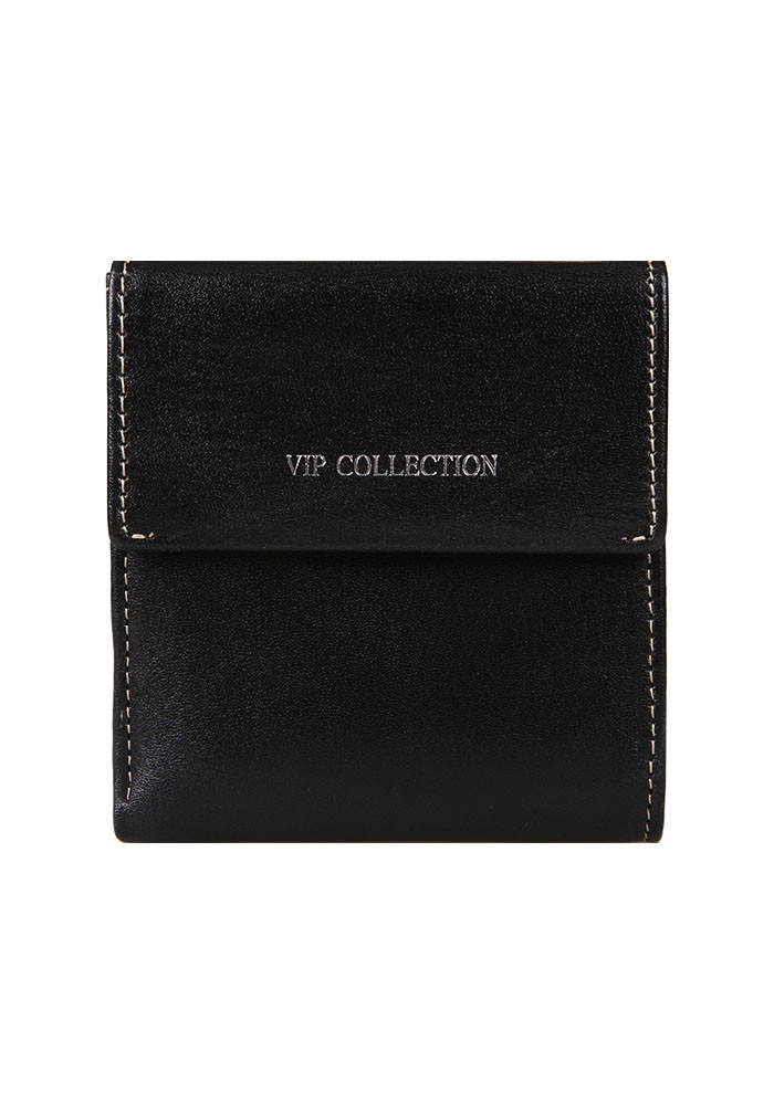 Czarny portfel Vip Collection Palermo 69 z klapą, srebrnym logo i jasnym przeszyciem