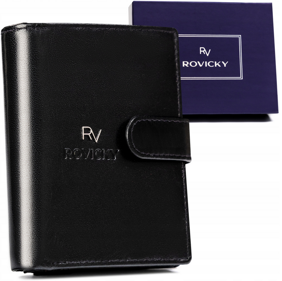 Czarny pionowy portfel męski Rovicky RV-7680056-9-L-BCA z zapinką