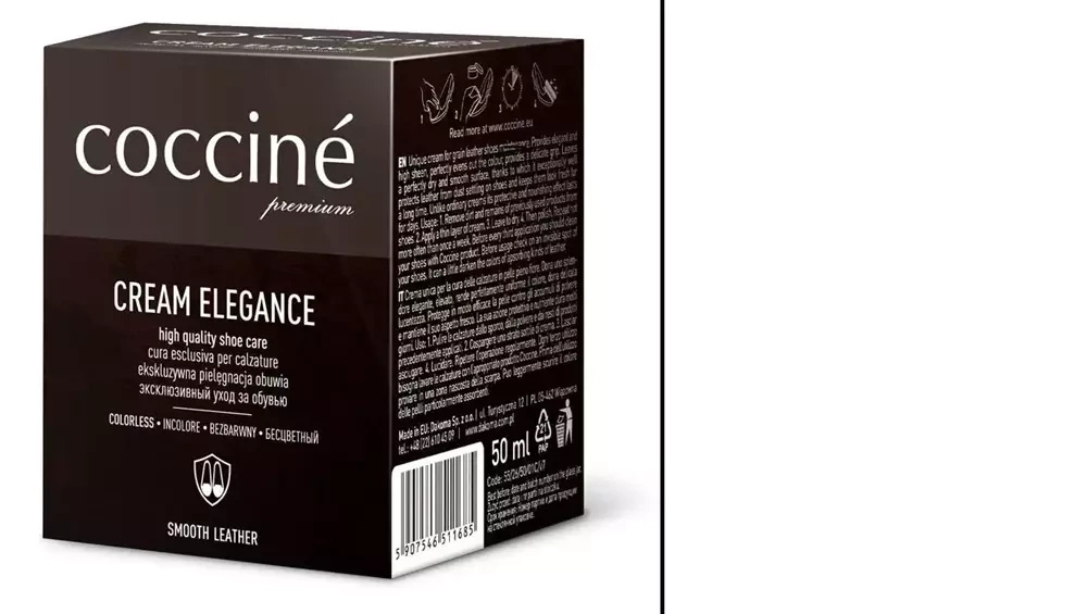 Krem do skóry gładkiej Coccine biały - kartonik Coccine Cream Elegance 50 ml i próbnik koloru w odcieniu białym