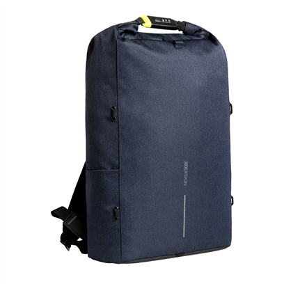 Granatowy plecak XD Design Bobby Urban Lite pod kątem, ze zwiniętą górą i zamkiem szyfrowym