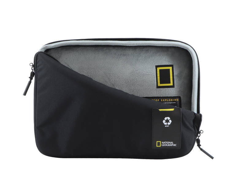 Czarne etui na laptopa National Geographic Ocean 20904 otwarte, z szarym miękkim wnętrzem