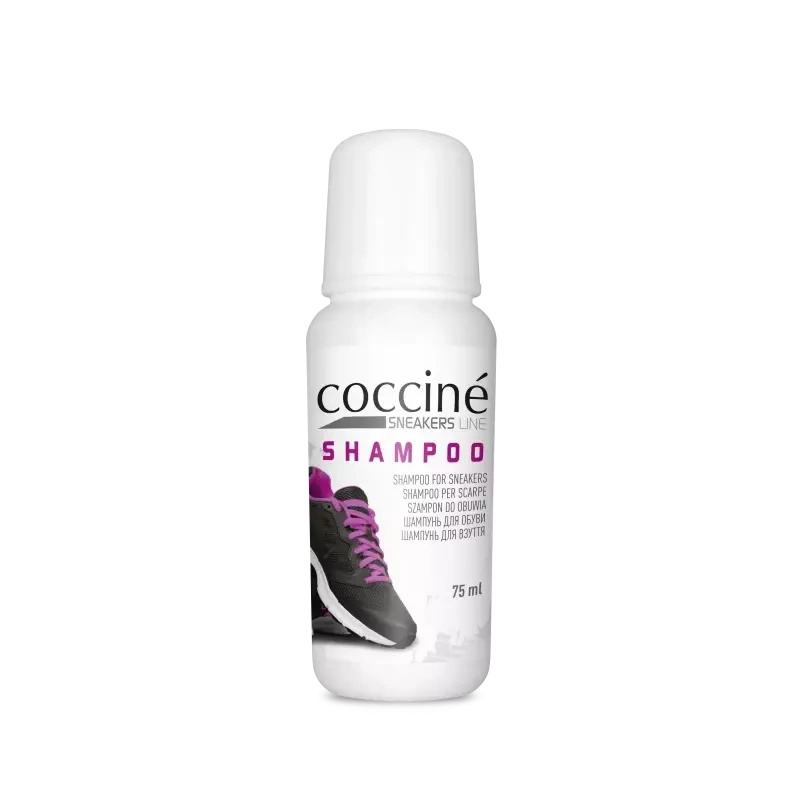 Szampon do sneakersów Coccine - biała butelka z przodu, etykieta Sneakers Line Shampoo 75 ml
