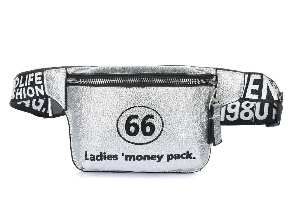 Srebrna nerka damska Krateczka X75, przód z nadrukiem Ladies money pack i taśmą z napisami
