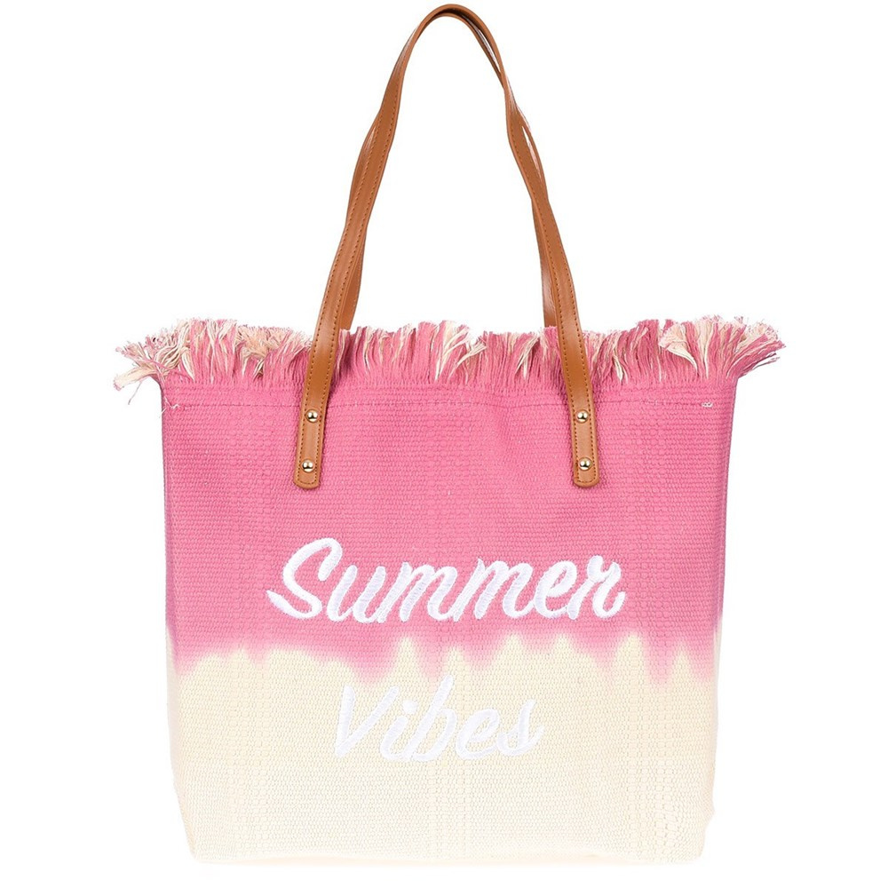 Torba damska Krateczka TOR-K-1 fuksja, z kremowym dołem, frędzlami i haftem Summer Vibes, przód