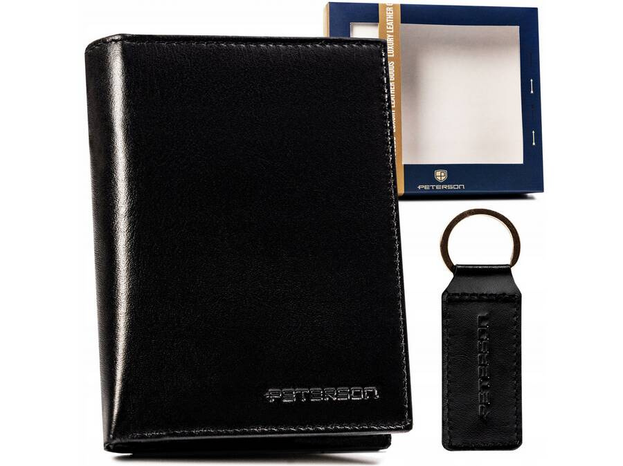 Czarny pionowy portfel męski Peterson SET-M-N4-KCS i skórzany brelok
