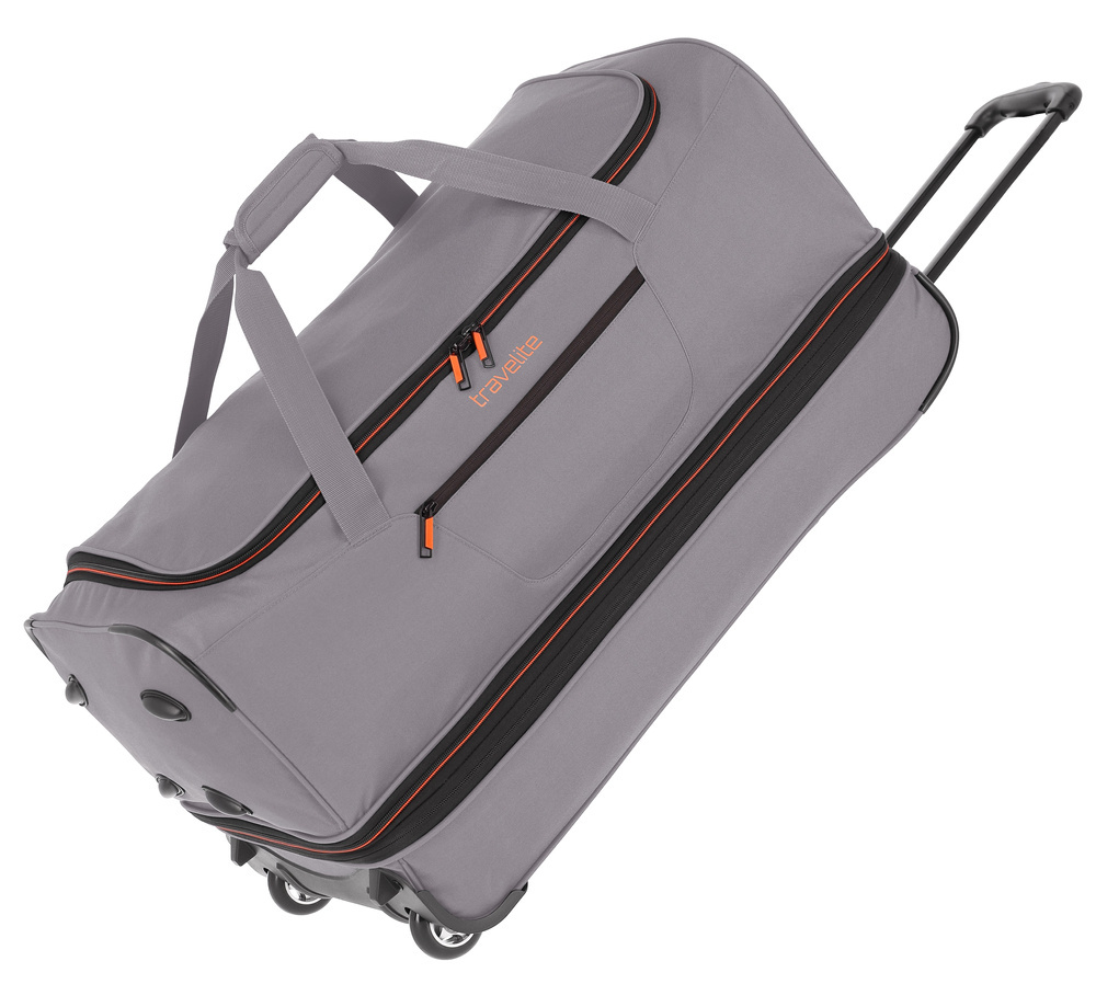 Szara torba Travelite Basics 98 l na kółkach, z wysuniętym uchwytem teleskopowym i kieszenią na zamek z przodu