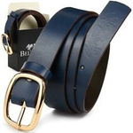 Skórzany pasek damski granatowy do sukienki ze złotą klarmrą Beltimore A83