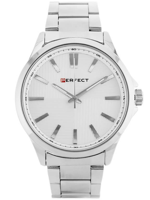 Srebrny zegarek męski Perfect M104-01 - zegarek z przodu na białym tle, biała tarcza
