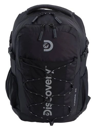 Czarny plecak na laptopa z poliestru Discovery Outdoor 612 z przodu, z elastyczną linką ściągającą i napisem Discovery