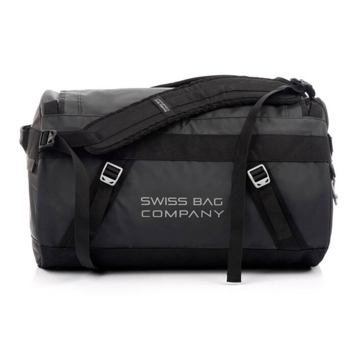 Czarna torba SwissBags SB181 z napisem Swiss Bag Company, taśmami z klamrami i paskiem na ramię