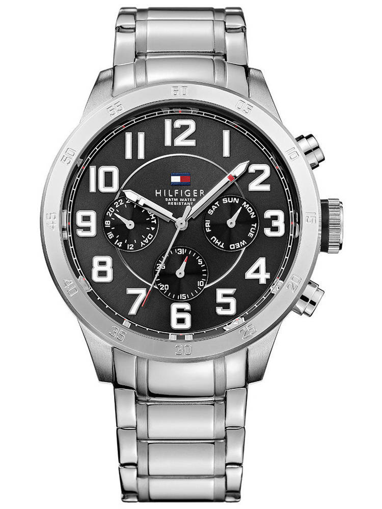 Srebrny zegarek męski Tommy Hilfiger 1791054 - zegarek z przodu na białym tle, czarna tarcza z dużymi cyframi