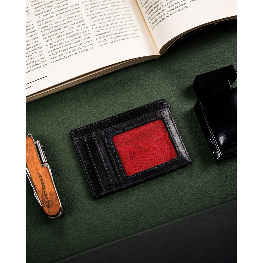 Etui z naturalnej skóry unisex Peterson CC-224 na karty i dokumenty małe czarne - kompaktowe wymiary i elegancki profil