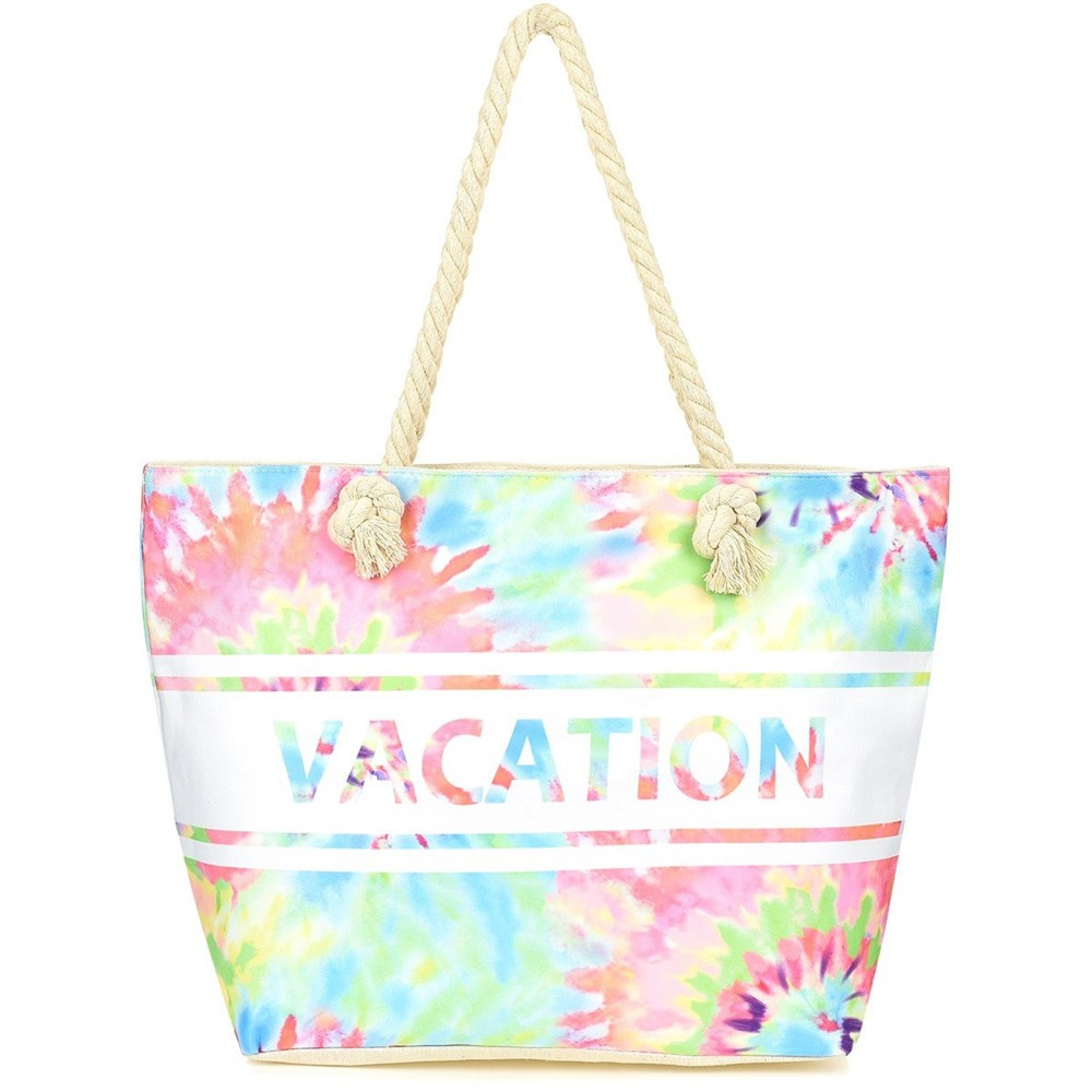 Wielokolorowa torba Versoli TOR739, przód z pastelowym wzorem tie-dye, napis Vacation