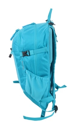 Niebieski plecak na co dzień Discovery Outdoor 611 z boku, z paskiem kompresyjnym z klamrą i siatkową kieszenią