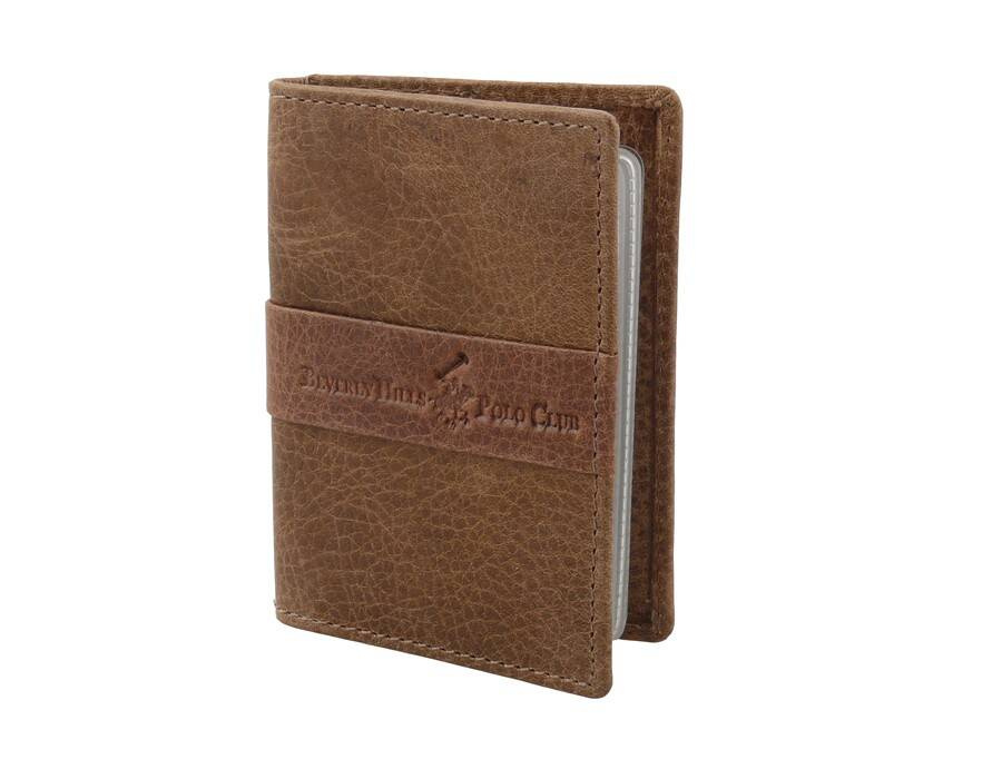 Etui na karty Beverly Hills Polo Club BH-276 camel zamknięte, z pasem w poprzek z tłoczonym logo marki