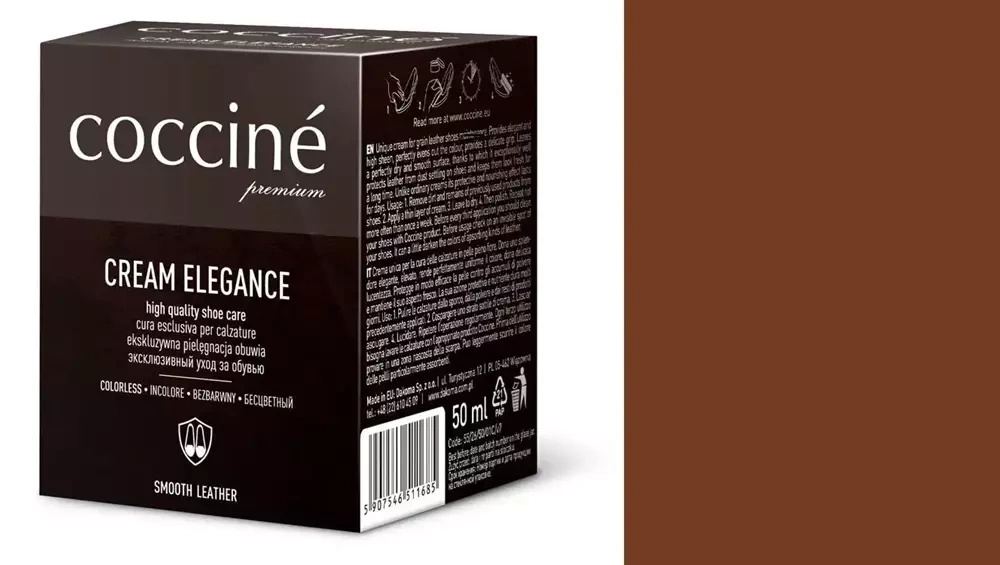 Krem do skóry gładkiej Coccine średniobrązowy - kartonik Coccine Cream Elegance 50 ml i próbnik koloru w odcieniu