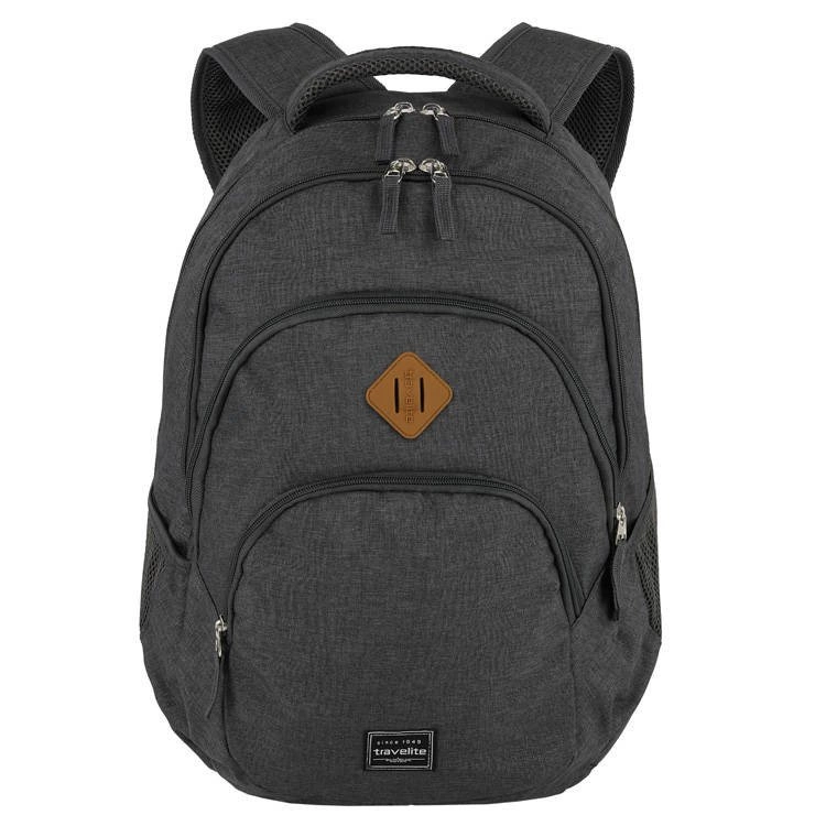 Grafitowy plecak na laptopa Travelite Basics Melange z przodu, z rombową naszywką i suwakami u góry