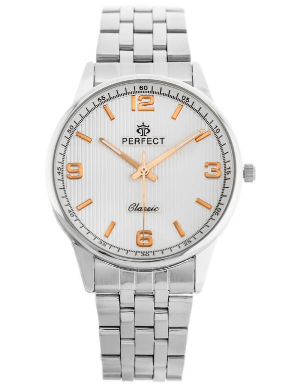 Srebrny zegarek męski Perfect M457 - zegarek z przodu na białym tle, srebrna tarcza