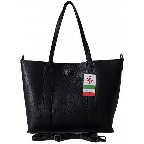Torebka skórzana damska Vera Pelle SB755N shopper bag A4 czarna - elegancki wygląd
