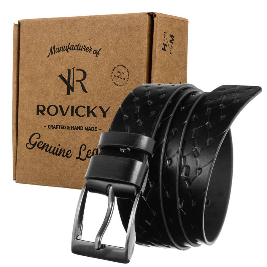 Zwinięty czarny pasek Rovicky PRS-04-G przy firmowym pudełku