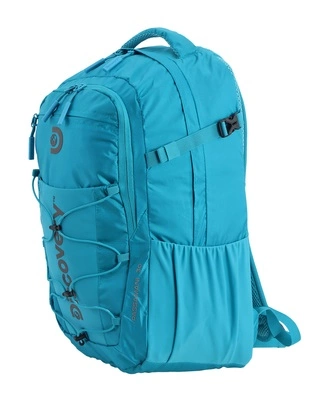 Niebieski plecak na co dzień Discovery Outdoor 613 pod kątem, z paskiem kompresyjnym i elastyczną kieszenią z boku