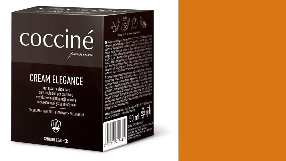 Krem do skóry gładkiej Coccine jasnobrązowy - kartonik Coccine Cream Elegance 50 ml i próbnik koloru w odcieniu jasnobrązowym