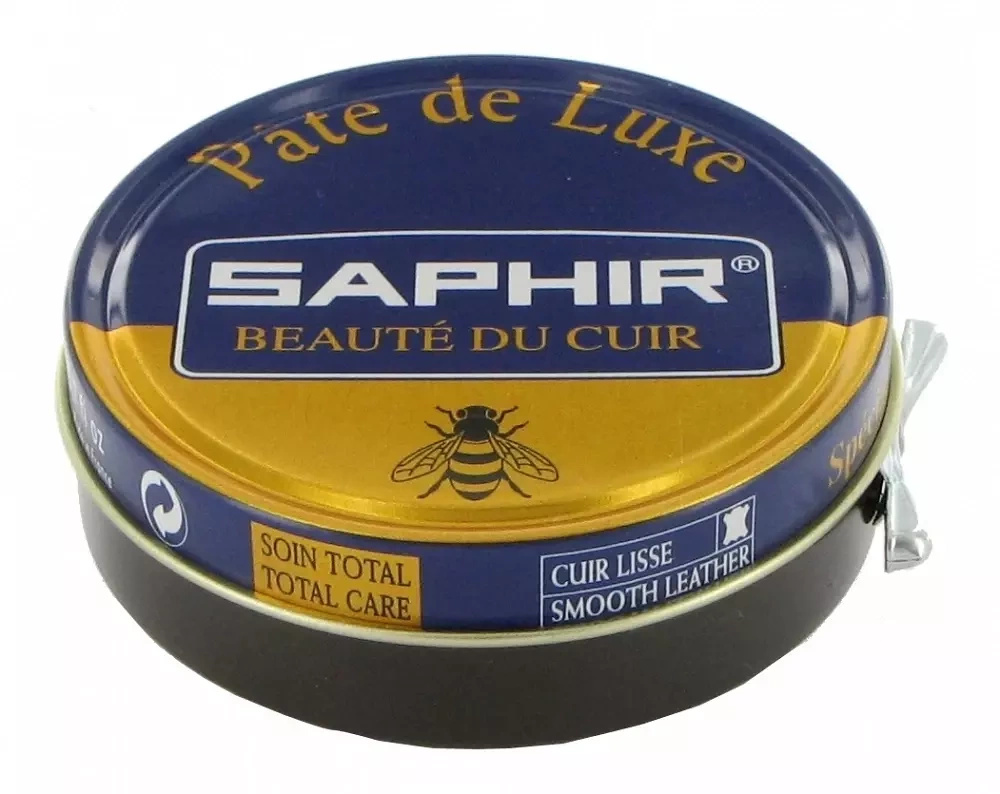 Pasta do butów Saphir mahoniowa - puszka Pâte de Luxe 50 ml z boku z otwieraczem